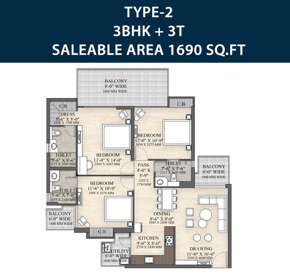 3 BHK + Servant Floor Plan